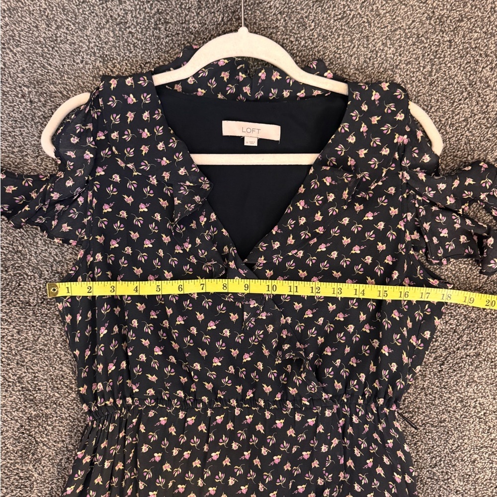 LOFT Black & Pink Midi Dress Faux Wrap Size Medium Cold Shoulder Missing Belt - Picture 10 of 12